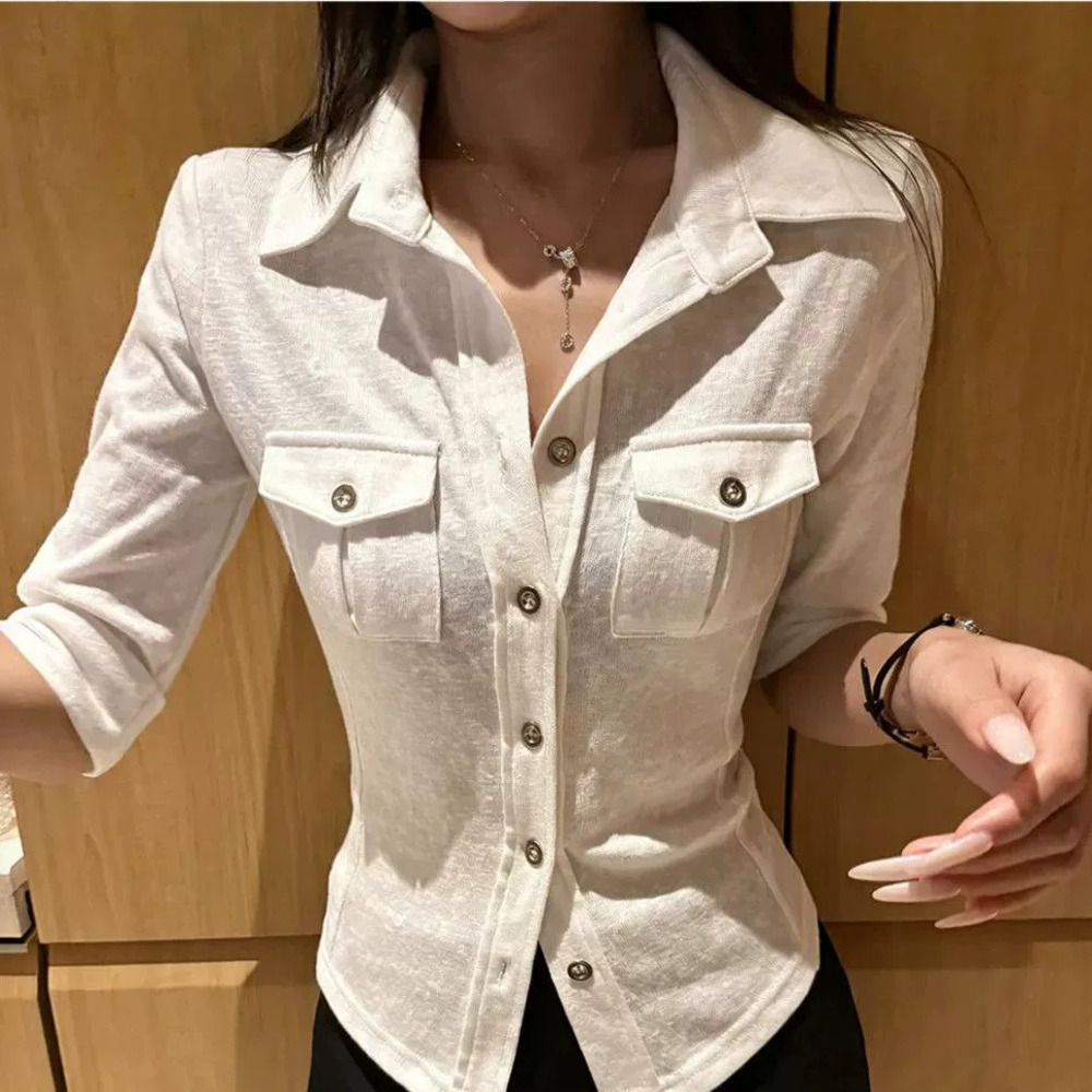 Zara White Summer Button Front Pocket Slim Fit Half Sleeve Office Blouse